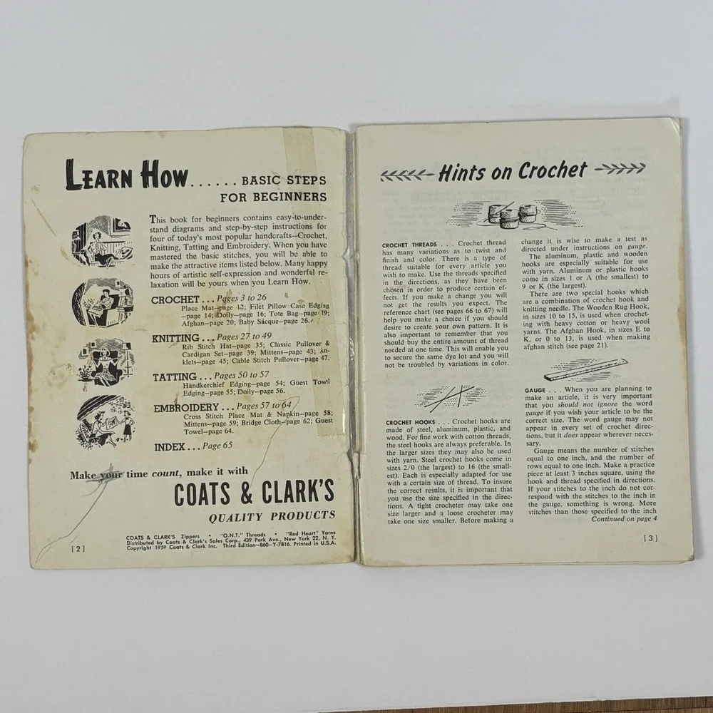 1959 Coats & Clark Learn How Book 170-B‎ Crochet Knit Tatting Embroidery Vintage